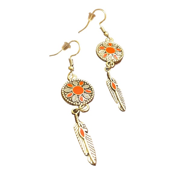 Duufin Women's Bohemian Vintage Drop Dangle with Feather Orange/Silver Earrings - Picture 4 of 5